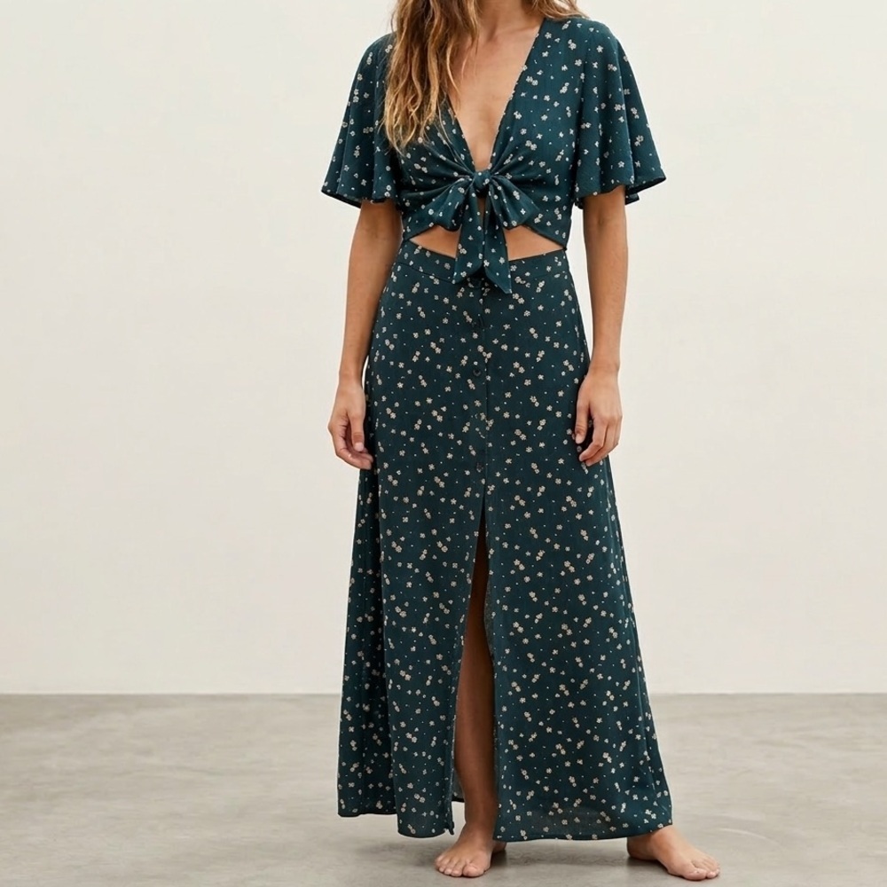 SHEIN Floral Print 2-Piece Maxi Skirt & Tie-Front Crop Top Set Size XS